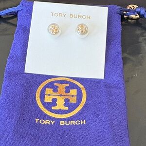 Tory Burch Pearl Stud Earrings with Gold Logo Accents
